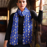 Happy Hanukkah Jewish Holiday Scarf<br><div class="desc">Happy Hanukkah Jewish Holiday Scarf. An elegant Happy Hanukkah pattern of Jewish symbols of the menorah, star of David, and scroll, in gold on a blue scarf. A stylish gift for a party of Jewish friends and family this holiday season.
Choose the size from options menu.</div>