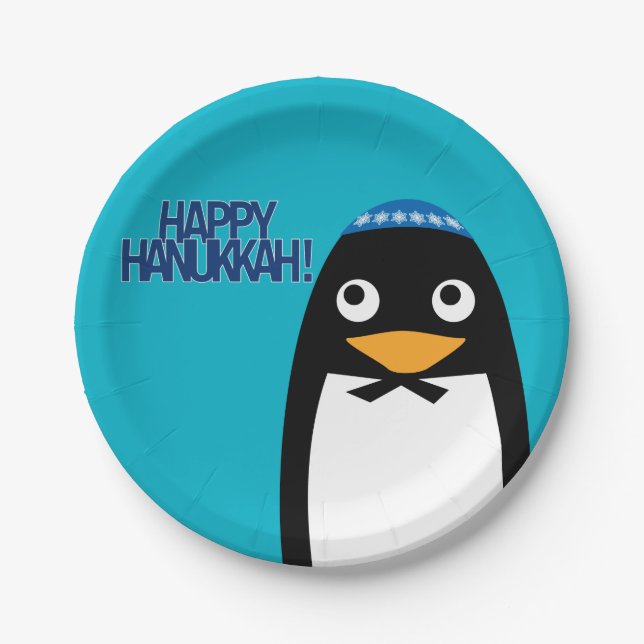 Happy Hanukkah Jewish Penguin Yarmulke Paper Plate (Front)