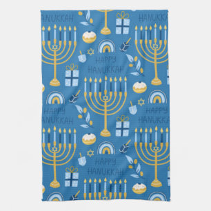 Happy Hanukkah Jewish Star Menorah Blue Kitchen Towel