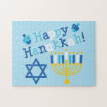 Happy Hanukkah Jigsaw Puzzle<br><div class="desc">Happy Hanukkah text with a menorah,  Star of David and two dreidels. Shades of blue,  white and yellow.</div>
