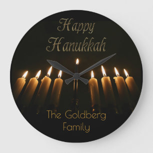 Happy Hanukkah Lamp Menorah Lights Candles Large Clock