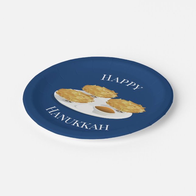 Happy Hanukkah Latkes Cartoon Blue Background Paper Plate (Angled)