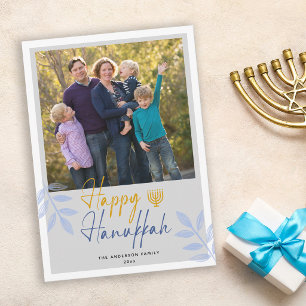 Happy Hanukkah Light Gray Photo Holiday Card