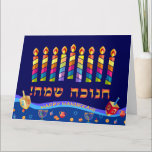 Happy Hanukkah Lights Jewish Holiday Hebrew Card<br><div class="desc">Happy Hanukkah Beautiful Jewish Holiday Greeting Card with wishes text in Hebrew. Happy Hanukkah - translate from Hebrew, "Chanukah Sameach". Jewish Holiday Hanukkah background with traditional Chanukah symbols - Gold Menorah, Hanukkiah Candelabrum and Candles, wooden dreidels (spinning top), doughnuts, star of David and glowing lights wallpaper pattern. Hanukkah Festival Decoration....</div>