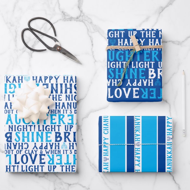 HAPPY HANUKKAH Love Light Laughter Blue & White Wrapping Paper Sheet (Front)