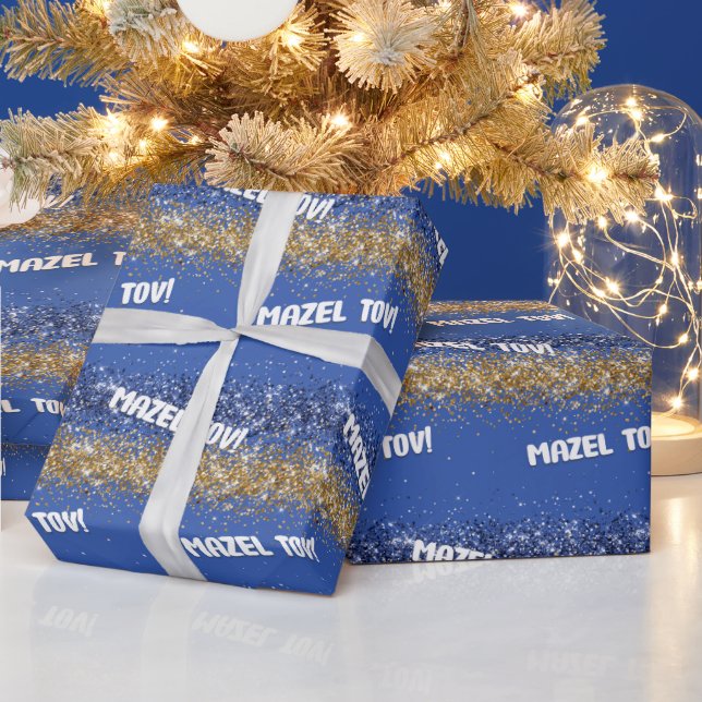  Happy Hanukkah Mazel Tov Blue Gold Sparkle Wrapping Paper (Holidays)