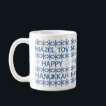 Happy Hanukkah Mazel Tov Star of David Menorah Coffee Mug<br><div class="desc">Happy Hanukkah Mazel Tov Star of David Menorah Hebrew Festival of Light Celebration Jewish Holiday Snowflakes Typography Pattern Coffee Mug</div>