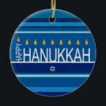 Happy Hanukkah Menorah and Dreidels  Ceramic Ornam Ceramic Ornament<br><div class="desc">Celebrate eight days and eight nights of the Festival of Lights with Hanukkah cards and gifts. The festival of lights is here. Light the menorah, play with the dreidel and feast on latkes and sufganiyots. Celebrate the spirit of Hanukkah with friends, family and loved ones by wishing them Happy Hanukkah....</div>