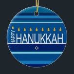 Happy Hanukkah Menorah and Dreidels Ceramic Ornam Ceramic Ornament<br><div class="desc">Celebrate eight days and eight nights of the Festival of Lights with Hanukkah cards and gifts. The festival of lights is here. Light the menorah, play with the dreidel and feast on latkes and sufganiyots. Celebrate the spirit of Hanukkah with friends, family and loved ones by wishing them Happy Hanukkah....</div>