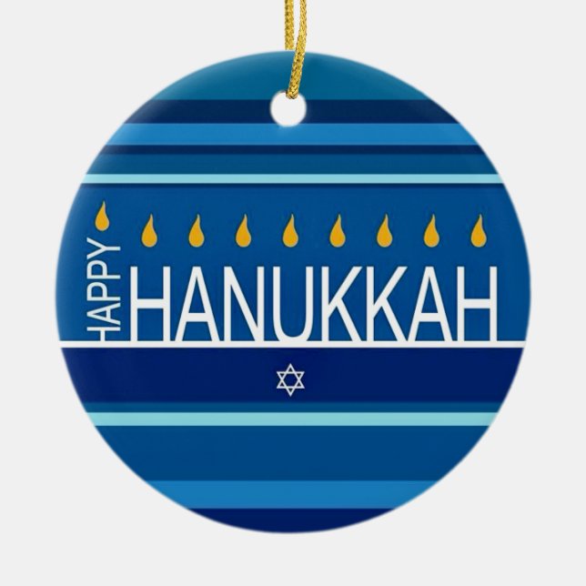 Happy Hanukkah Menorah and Dreidels  Ceramic Ornam Ceramic Ornament (Front)