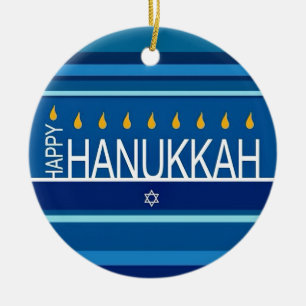 Happy Hanukkah Menorah and Dreidels  Ceramic Ornam Ornament