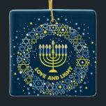Happy Hanukkah Menorah and Dreidels Ceramic Orname Ornament<br><div class="desc">Celebrate eight days and eight nights of the Festival of Lights with Hanukkah cards and gifts. The festival of lights is here. Light the menorah, play with the dreidel and feast on latkes and sufganiyots. Celebrate the spirit of Hanukkah with friends, family and loved ones by wishing them Happy Hanukkah....</div>