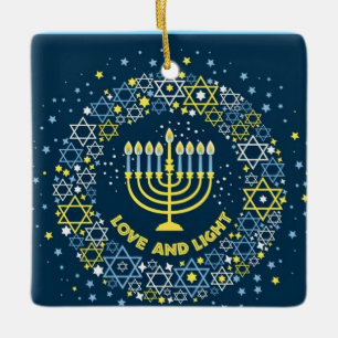 Happy Hanukkah Menorah and Dreidels Ceramic Orname Ornament