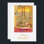 Happy Hanukkah Menorah and dreidels Jewish Holiday<br><div class="desc">Happy Hanukkah Beautiful Jewish Holiday Greeting Card. Chanukah Jewish Holiday Hanukkah background with traditional Chanukah symbols - Gold Menorah, Hanukkiah Candelabrum and Candles, wooden dreidels (spinning top), doughnuts, star of David and glowing lights wallpaper pattern. Hanukkah Festival Decoration. Jerusalem, Israel. Invitations & Stationery > Greeting Cards > Holiday & Seasonal...</div>