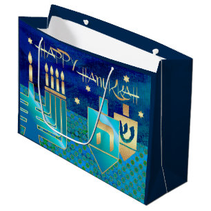 Happy Hanukkah. Menorah and Dreidels  Large Gift Bag