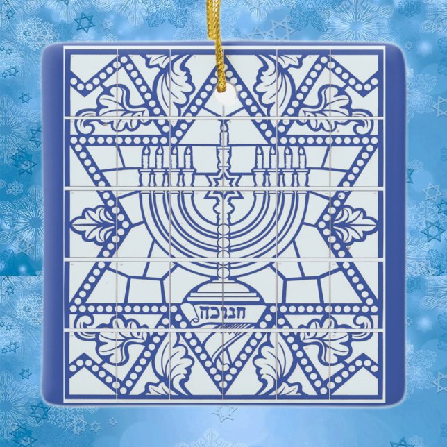 Happy Hanukkah Menorah and Star of David Ceramic Ornament (Creator Uploaded)