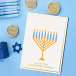 Happy Hanukkah Menorah Chic Custom Gold Foil Holiday Card<br><div class="desc">Cute custom Happy Hanukkah gold foil card for a Jewish family or a Chanukah party with a synagogue. Personalize with your own last name or group information under the pretty blue menorah.</div>