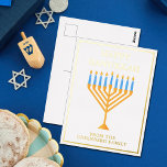 Happy Hanukkah Menorah Chic Personalized Gold Foil Holiday Postcard<br><div class="desc">Cute custom Happy Hanukkah postcard in elegant gold foil for a Jewish family or a Chanukah party with a synagogue. Personalize with your own last name or group information under the pretty blue menorah.</div>