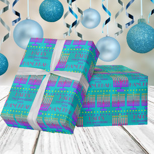 Happy Hanukkah Menorah Colourful Turquoise Pattern Wrapping Paper