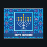 🕎 Happy Hanukkah, Menorah, customizable Postcard<br><div class="desc">Happy Hanukkah with Menorah on blue background. Fully customizable back.</div>