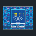 🕎 Happy Hanukkah, Menorah, customizable Postcard<br><div class="desc">Happy Hanukkah with Menorah on blue background. Fully customizable back.</div>