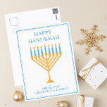 Happy Hanukkah Menorah Cute Personalized Postcard<br><div class="desc">Cute custom Happy Hanukkah postcard for a Jewish family or a Chanukah party with a synagogue. Personalize with your own last name or group information in blue under the pretty blue and gold menorah.</div>