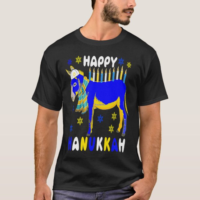 Happy Hanukkah Menorah Donkey Wearing Jewish Hat F T-Shirt (Front)