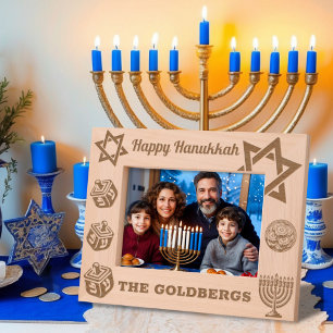 Happy Hanukkah Menorah, Dreidel, Gelt Custom Name Etched Frames