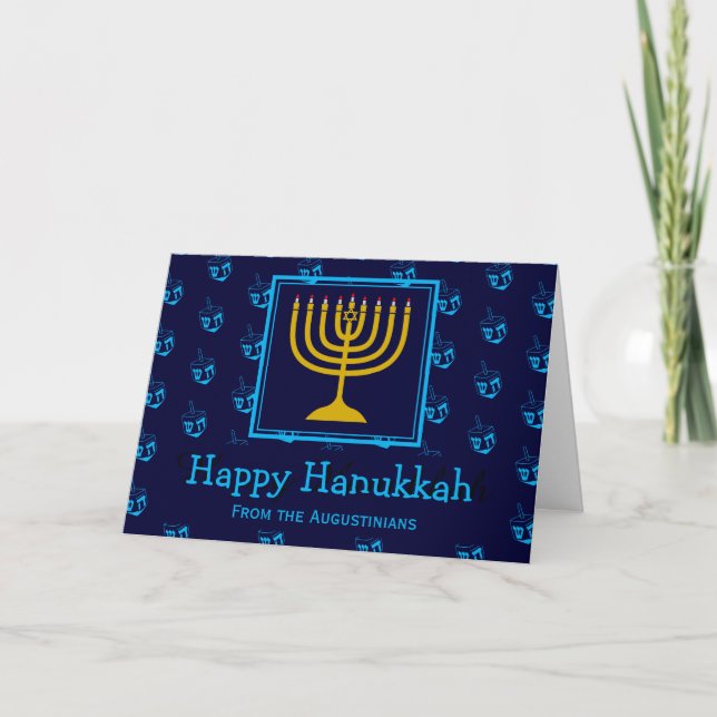 HAPPY HANUKKAH Menorah Dreidel Personalized Holiday Card (Front)