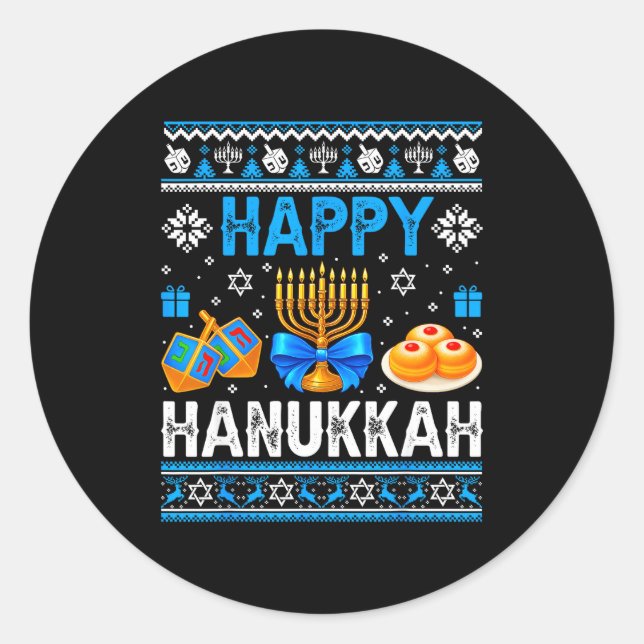 Happy Hanukkah Menorah Dreidel Ugly Chanukah Pajam Classic Round Sticker (Front)
