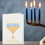 Happy Hanukkah Menorah Elegant Custom Gold Foil Holiday Card<br><div class="desc">Cute custom gold foil Happy Hanukkah card for a Jewish family or a Chanukah party with a synagogue. Personalize with your own last name or group information under the pretty blue menorah.</div>