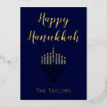 Happy Hanukkah Menorah  Foil Holiday Card<br><div class="desc">A lovely greeting card for Hanukkah, this design features "Happy Hanukkah" in lovely blue background. The centre has a menorah with a place to insert your family's name at the bottom. The back continues with the beautiful blue background. There is a message of blessings included. Order yours today! Menorah: ButterStarDigital...</div>