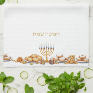 Happy Hanukkah Menorah Food Latkes & Doughnuts Kitchen Towel