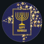 HAPPY HANUKKAH | Menorah | Gold Stars | NAVY BLUE Classic Round Sticker<br><div class="desc">Stylish festive HANUKKAH stickers with faux gold stars. HOLIDAY BLESSINGS appears in subtle background pattern.</div>