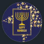 HAPPY HANUKKAH | Menorah | Gold Stars | NAVY BLUE Classic Round Sticker<br><div class="desc">Stylish festive HANUKKAH stickers with faux gold stars. HOLIDAY BLESSINGS appears in subtle background pattern.</div>
