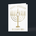 Happy Hanukkah Menorah Holiday Card<br><div class="desc">Send your loved ones a personalized card this Hanukkah season. This design features a gold coloured menorah. Above it the message reads "Happy Hanukkah". Below the menorah is a place for your family name which you may personalize or remove if you'd like. Inside of the card reads "Wishing you peace,...</div>