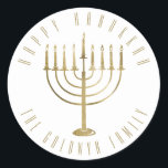 Happy Hanukkah Menorah Holiday Classic Round Sticker<br><div class="desc">This sticker features a gold coloured menorah. The message above it reads "Happy Hanukkah". Below the menorah is a place for your family name which you may personalize or remove if you'd like.</div>