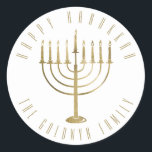 Happy Hanukkah Menorah Holiday Classic Round Sticker<br><div class="desc">This sticker features a gold coloured menorah. The message above it reads "Happy Hanukkah". Below the menorah is a place for your family name which you may personalize or remove if you'd like.</div>