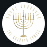 Happy Hanukkah Menorah Holiday Classic Round Sticker<br><div class="desc">This sticker features a gold coloured menorah. The message above it reads "Happy Hanukkah". Below the menorah is a place for your family name which you may personalize or remove if you'd like.</div>