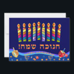Happy Hanukkah Menorah Jewish Holiday Hebrew<br><div class="desc">Happy Hanukkah Beautiful Jewish Holiday Greeting Card with wishes text in Hebrew. Happy Hanukkah - translate from Hebrew, "Chanukah Sameach". Jewish Holiday Hanukkah background with traditional Chanukah symbols - Gold Menorah, Hanukkiah Candelabrum and Candles, wooden dreidels (spinning top), doughnuts, star of David and glowing lights wallpaper pattern. Hanukkah Festival Decoration....</div>