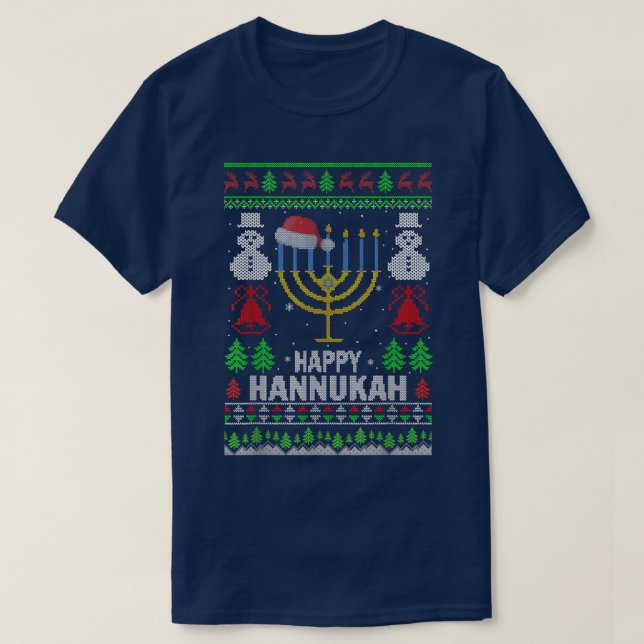 Happy Hanukkah Menorah Light Santa Hat Ugly Christ T-Shirt (Design Front)