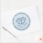 Happy Hanukkah | Menorah Lights Return Address Classic Round Sticker<br><div class="desc">Celebrate the Festival of Lights this year with unique personalized Hanukkah return address stickers. Add your custom wording to this design by using the "Edit this design template" boxes on the right hand side of the item, or click the blue "Customize it" button to arrange the text, change the fonts...</div>