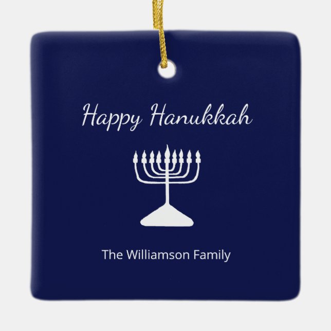 Happy Hanukkah Menorah Simple Blue White  Ceramic Ornament (Front)
