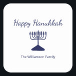 Happy Hanukkah Menorah Simple  Square Sticker<br><div class="desc">Happy Hanukkah Blue Holiday sticker,  with a simple blue menorah and script typography design. With blue customizable lettering,  you can add your own information. A festive way to celebrate with friends and loved ones.</div>