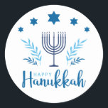 Happy Hanukkah Menorah Stars Classic Round Sticker<br><div class="desc">Happy Hanukkah stickers are great to use on stationery and gifts.  These Happy Hanukkah stickers feature a 7-branch menorah,  chanukkiah,  with blue stars,  olive branches and other elements in light and dark blue.</div>