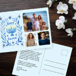 Happy Hanukkah Menorah Watercolor CUSTOM 3 Photos Holiday Postcard<br><div class="desc">Sweet drawing to wish someone happy hanukkah! Click "personalize" to add your own photos to the front and text to the back side. Also available as greeting card or digital download to send instantly via email or text message. Check my shop for more or let me know if you'd like...</div>