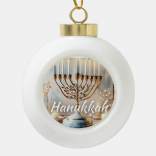 Happy Hanukkah Menorah Watercolor Modern Luxury Ceramic Ball Christmas Ornament