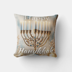 Happy Hanukkah Menorah Watercolor Modern Luxury Throw Pillow