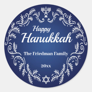 Happy Hanukkah Menorah White Festive Frame on Blue Classic Round Sticker