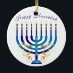Happy Hanukkah menorah yellow gold candles Ceramic Ornament<br><div class="desc">hand designed Happy Hanukkah blue and yellow Menorah ornament. Customize the message.</div>